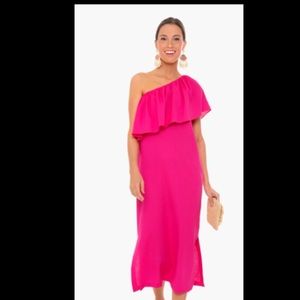 New Pomander Palace one shoulder Florence midi dress in hot pink from Tuckernuck